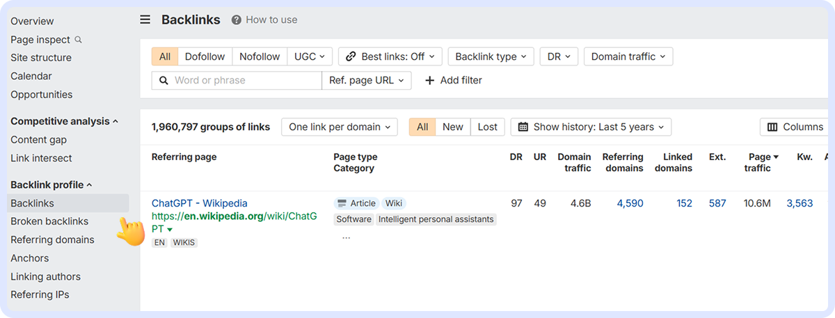 How to check backlink profile with Ahrefs. Ahrefs backlinks dashboard showing 1.96M link groups with Wikipedia ChatGPT article displaying metrics like DR 97, 4,590 referring domains, and 4.6B domain traffic