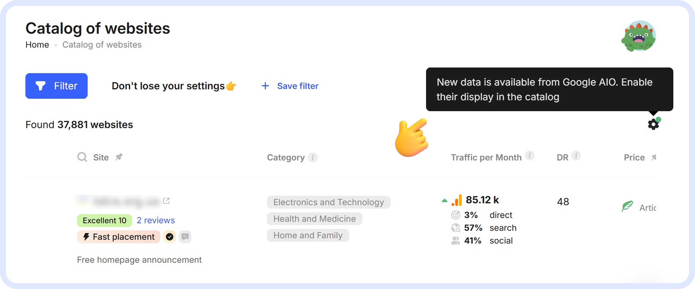 Review a site’s citation metric in Google AI Overviews in the Collaborator catalog. How to activate AIO in Collaborator's catalog