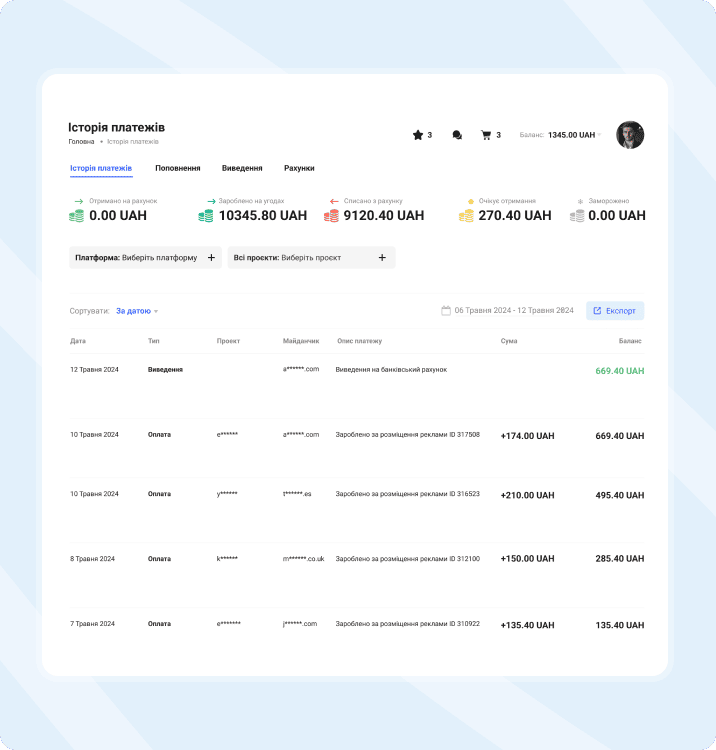 Панель історії платежів у Collaborator з транзакціями в гривнях, записами про зняття та поповнення, а також статусами платежів